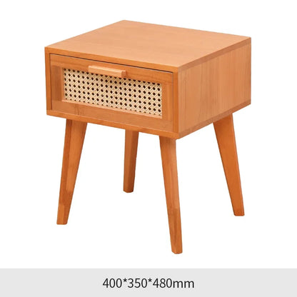 Nightstand with Charging Station Bedside Table with PE Rattan Decor Drawer Rattan Night Stand with Solid Wood Legs