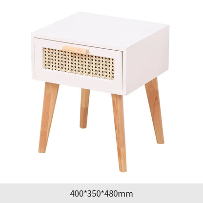 Nightstand with Charging Station Bedside Table with PE Rattan Decor Drawer Rattan Night Stand with Solid Wood Legs