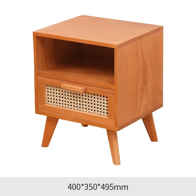 Nightstand with Charging Station Bedside Table with PE Rattan Decor Drawer Rattan Night Stand with Solid Wood Legs