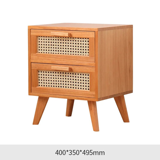 Nightstand with Charging Station Bedside Table with PE Rattan Decor Drawer Rattan Night Stand with Solid Wood Legs