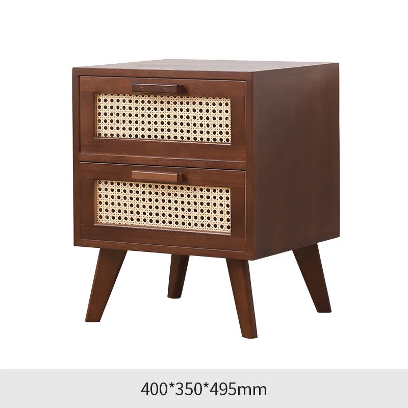 Nightstand with Charging Station Bedside Table with PE Rattan Decor Drawer Rattan Night Stand with Solid Wood Legs