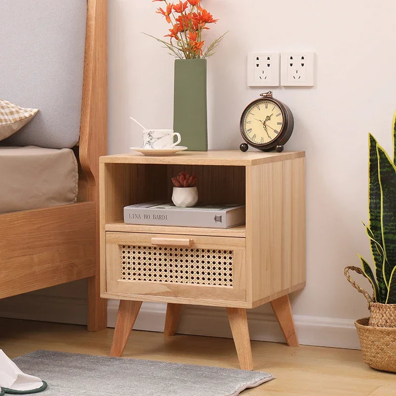 Nightstand with Charging Station Bedside Table with PE Rattan Decor Drawer Rattan Night Stand with Solid Wood Legs