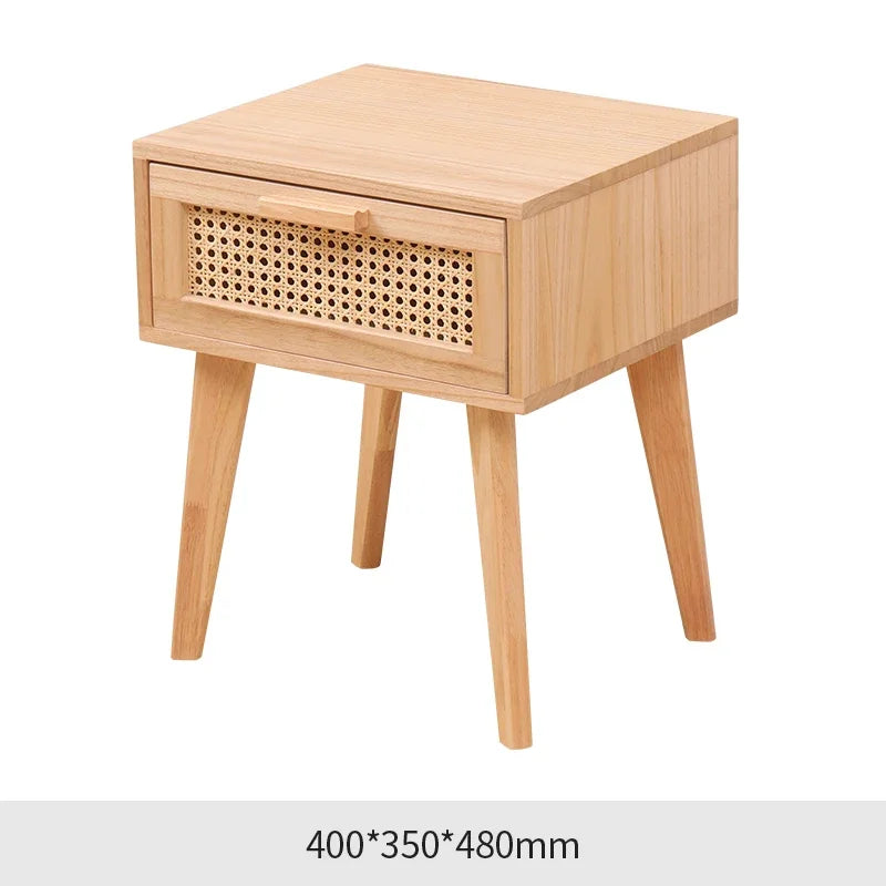 Nightstand with Charging Station Bedside Table with PE Rattan Decor Drawer Rattan Night Stand with Solid Wood Legs