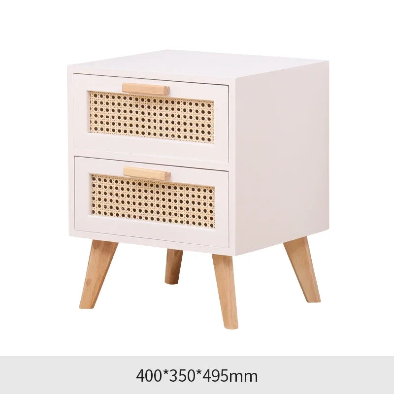 Nightstand with Charging Station Bedside Table with PE Rattan Decor Drawer Rattan Night Stand with Solid Wood Legs