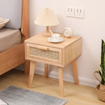 Nightstand with Charging Station Bedside Table with PE Rattan Decor Drawer Rattan Night Stand with Solid Wood Legs