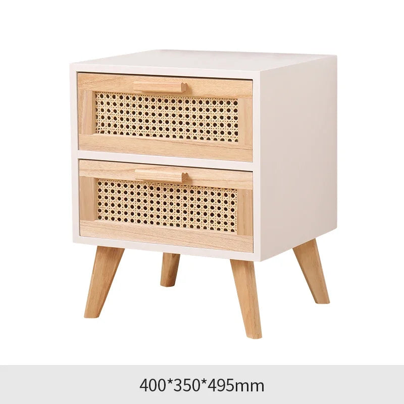 Nightstand with Charging Station Bedside Table with PE Rattan Decor Drawer Rattan Night Stand with Solid Wood Legs