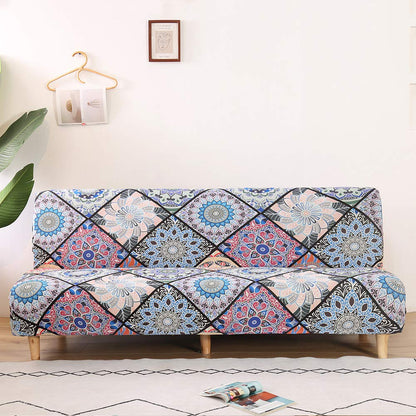 MIFXIN Stretch Futon Cover Armless Sofa Slipcover Elastic Spandex Folding Sofa Bed Couch Cover Printed Washable Furniture Protector for Sofa without Armrest (Orange Geometry)