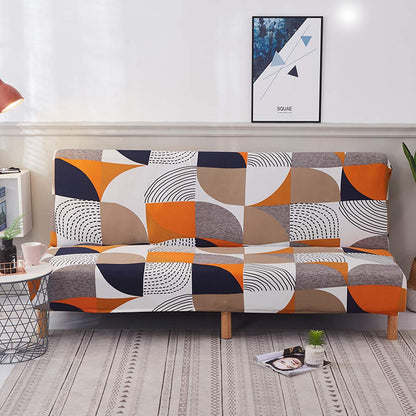 MIFXIN Stretch Futon Cover Armless Sofa Slipcover Elastic Spandex Folding Sofa Bed Couch Cover Printed Washable Furniture Protector for Sofa without Armrest (Orange Geometry)