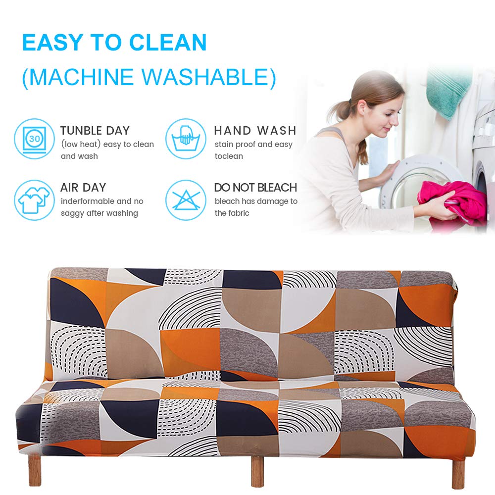 MIFXIN Stretch Futon Cover Armless Sofa Slipcover Elastic Spandex Folding Sofa Bed Couch Cover Printed Washable Furniture Protector for Sofa without Armrest (Orange Geometry)