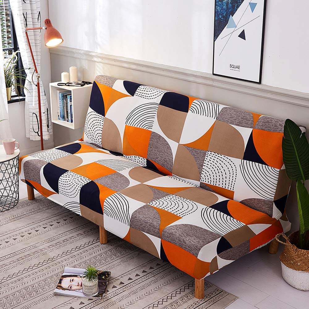 MIFXIN Stretch Futon Cover Armless Sofa Slipcover Elastic Spandex Folding Sofa Bed Couch Cover Printed Washable Furniture Protector for Sofa without Armrest (Orange Geometry)