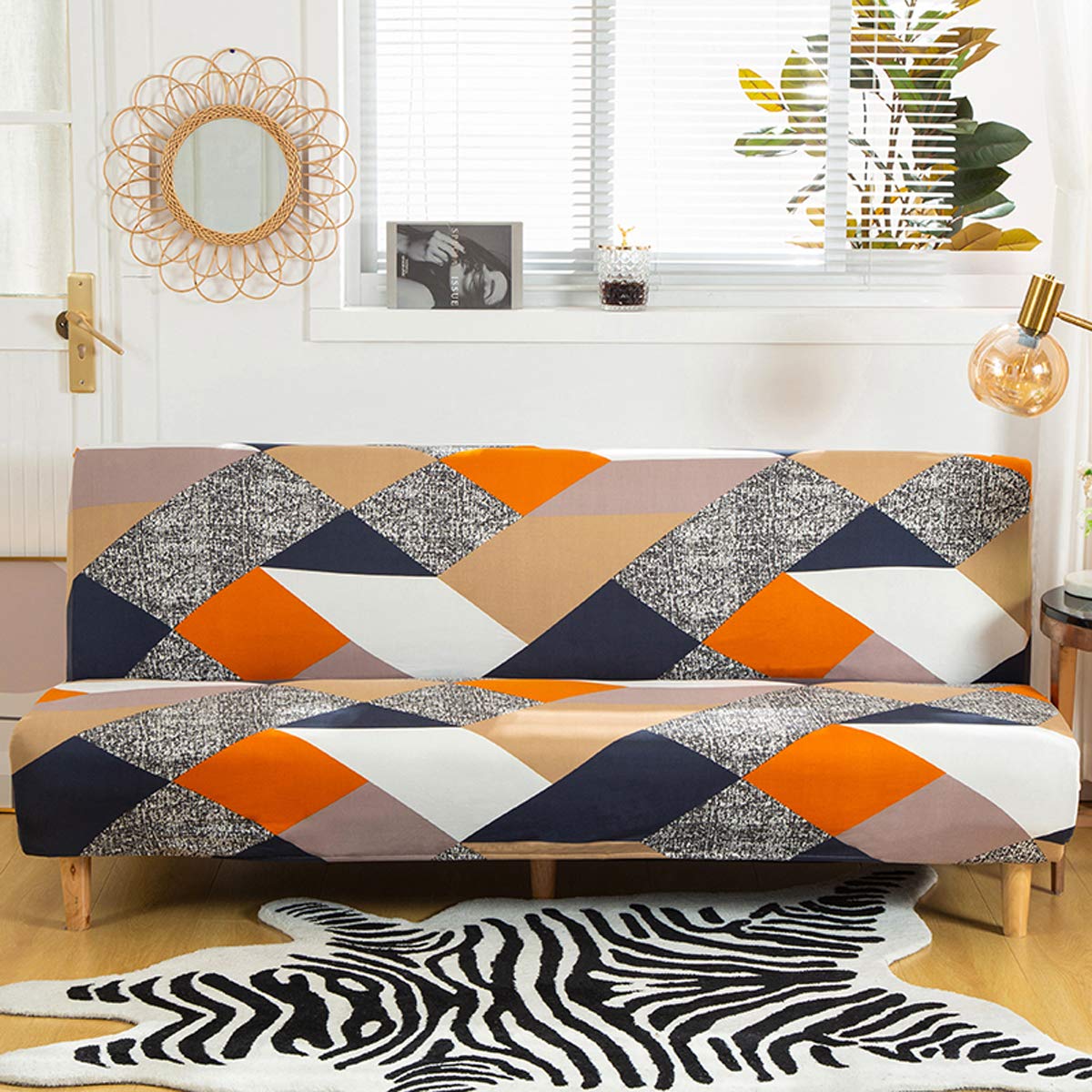 MIFXIN Stretch Futon Cover Armless Sofa Slipcover Elastic Spandex Folding Sofa Bed Couch Cover Printed Washable Furniture Protector for Sofa without Armrest (Orange Geometry)