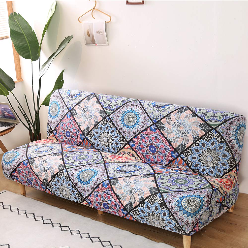 MIFXIN Stretch Futon Cover Armless Sofa Slipcover Elastic Spandex Folding Sofa Bed Couch Cover Printed Washable Furniture Protector for Sofa without Armrest (Orange Geometry)