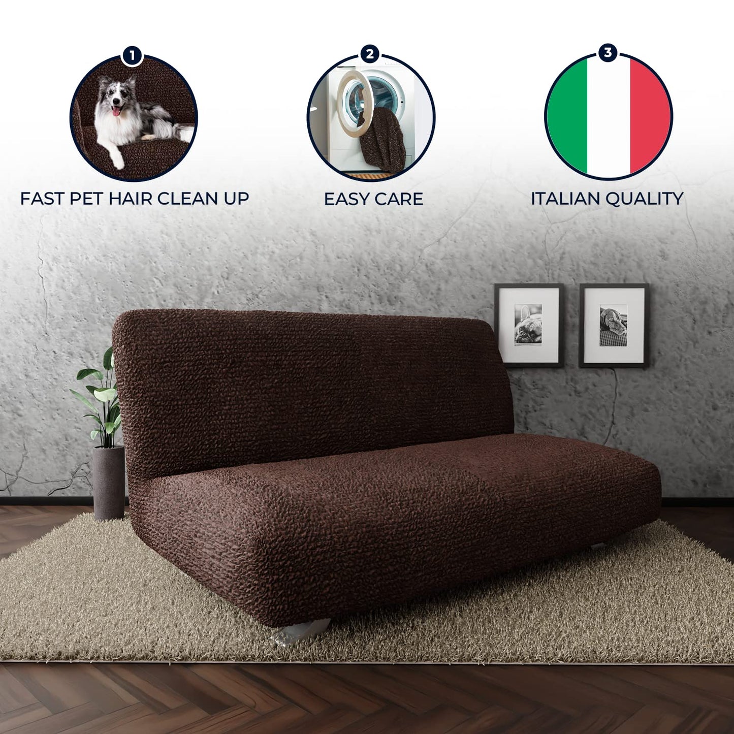 PAULATO BY GA.I.CO. Futon Cover - Armless Couch Cover - Soft Polyester Fabric Cover - 1-Piece Form Fit Stretch Futon Cover for Kid Pet - Microfibra Collection - Dark Brown