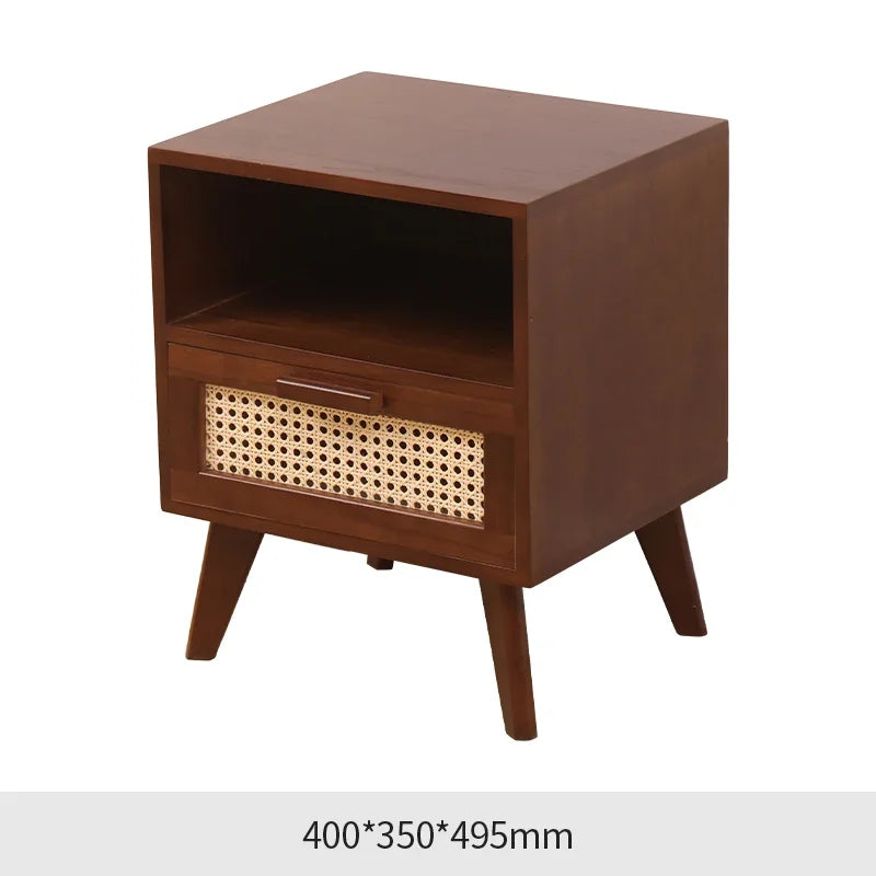 Nightstand with Charging Station Bedside Table with PE Rattan Decor Drawer Rattan Night Stand with Solid Wood Legs