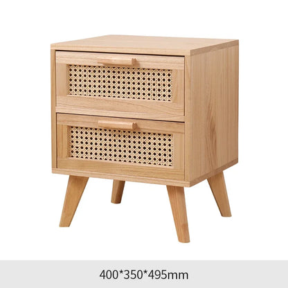 Nightstand with Charging Station Bedside Table with PE Rattan Decor Drawer Rattan Night Stand with Solid Wood Legs