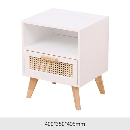 Nightstand with Charging Station Bedside Table with PE Rattan Decor Drawer Rattan Night Stand with Solid Wood Legs