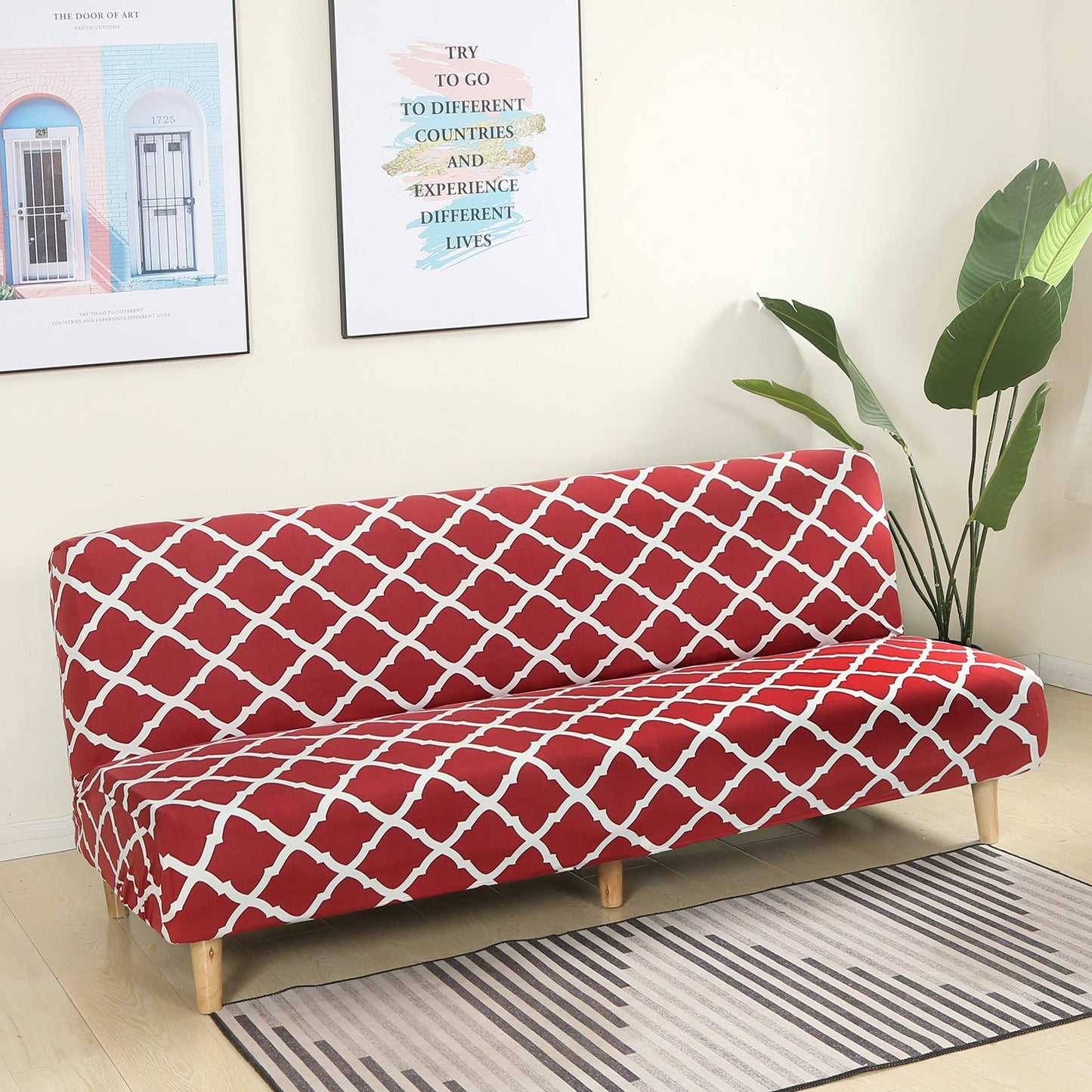 MIFXIN Stretch Futon Cover Armless Sofa Slipcover Elastic Spandex Folding Sofa Bed Couch Cover Printed Washable Furniture Protector for Sofa without Armrest (Orange Geometry)