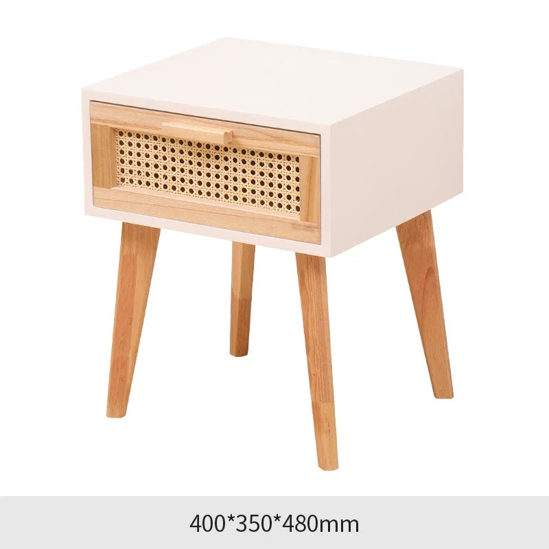 Nightstand with Charging Station Bedside Table with PE Rattan Decor Drawer Rattan Night Stand with Solid Wood Legs