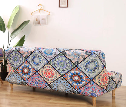 MIFXIN Stretch Futon Cover Armless Sofa Slipcover Elastic Spandex Folding Sofa Bed Couch Cover Printed Washable Furniture Protector for Sofa without Armrest (Orange Geometry)