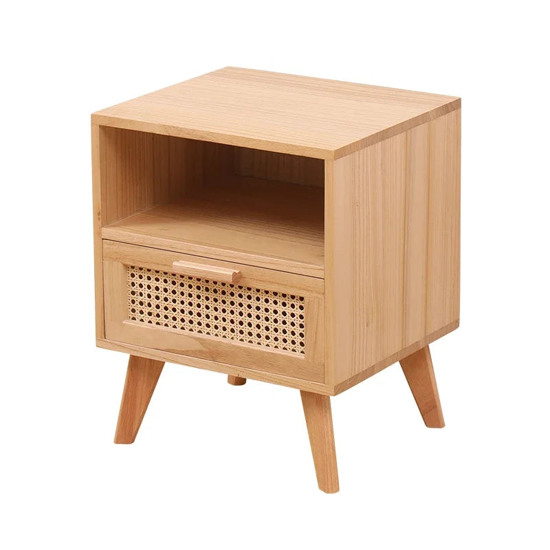 Nightstand with Charging Station Bedside Table with PE Rattan Decor Drawer Rattan Night Stand with Solid Wood Legs