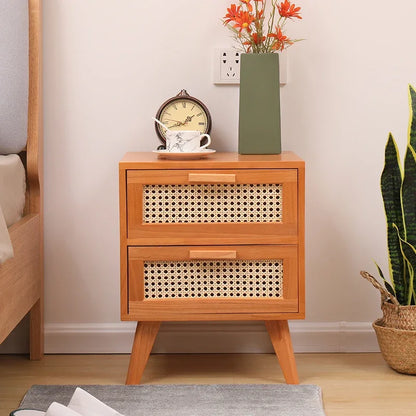 Nightstand with Charging Station Bedside Table with PE Rattan Decor Drawer Rattan Night Stand with Solid Wood Legs