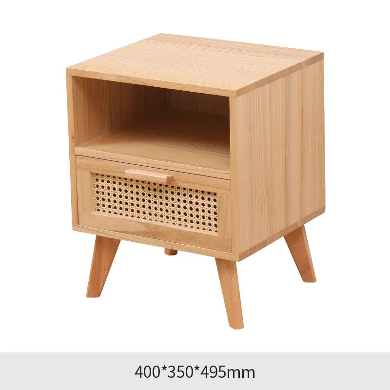 Nightstand with Charging Station Bedside Table with PE Rattan Decor Drawer Rattan Night Stand with Solid Wood Legs