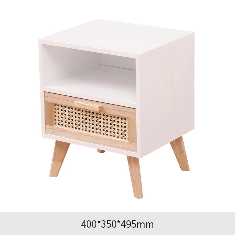 Nightstand with Charging Station Bedside Table with PE Rattan Decor Drawer Rattan Night Stand with Solid Wood Legs