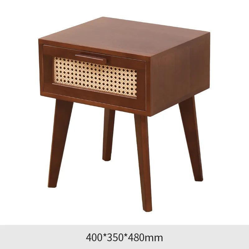 Nightstand with Charging Station Bedside Table with PE Rattan Decor Drawer Rattan Night Stand with Solid Wood Legs