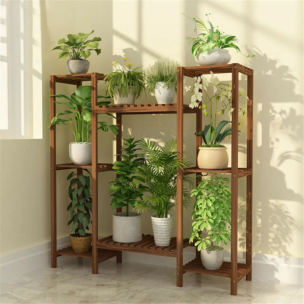 Multi-Tier Stylish Bamboo Plant Stand Indoor Outdoor 10 Pot Bonsai Flower Display Shelf Holder Rack